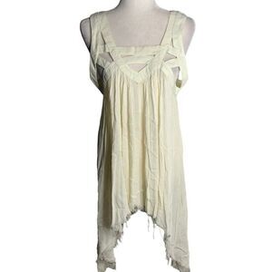 Penelope Babydoll Tunic Top Mini Dress L Cream Strappy Handkerchief Raw Hem